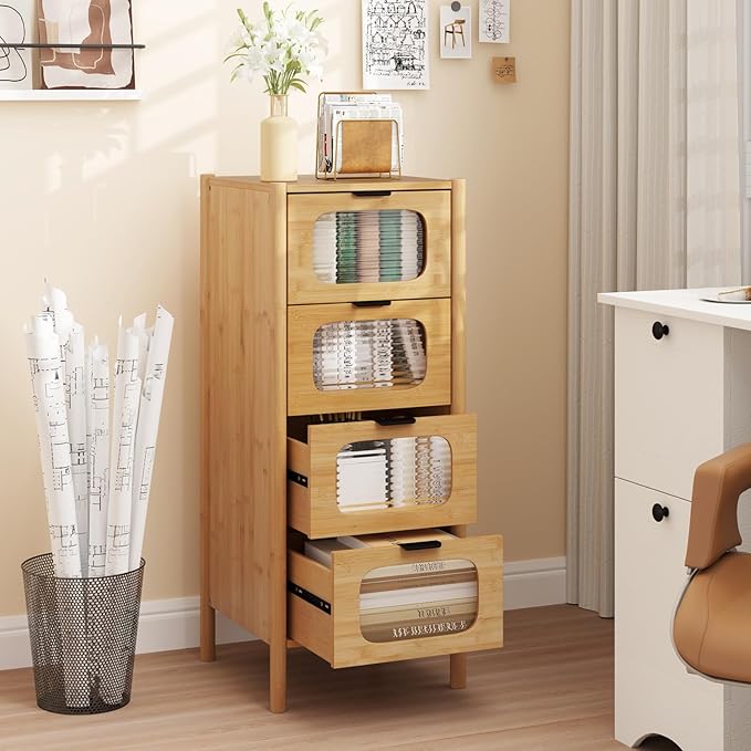 Giantex 4 Drawer Storage Cabinet, Bamboo Storage Organizer with Fluted Tempered Glass Drawers, Mid Century Modern Floor Cabinet for Living Room, Bathroom, Study, Entryway, Natural
