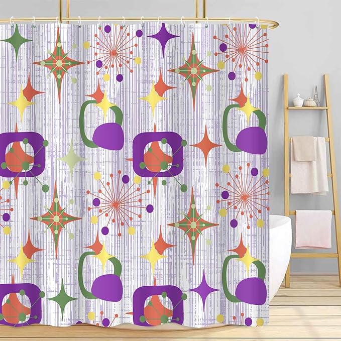 Mid Century Shower Curtain, 72x78inch, Modern Abstract Retro Purple Striped Geometric Shower Curtain Sets 1950s Boho Bathroom Shower Curtain with 12 Hooks