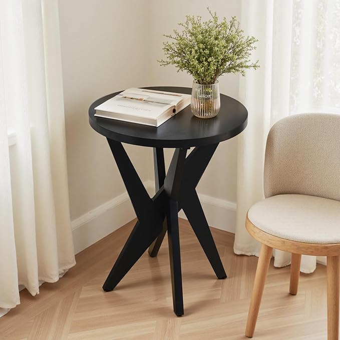Modern Black Round End Table Set of 2, Mid-Century Accent Side Table with MDF Top and Crossed Legs for Living Room, Bedroom, Small Spaces, Industrial & Minimalist Style