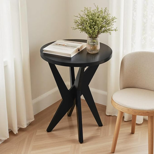 Modern Black Round End Table, Mid-Century Accent Side Table with MDF Top and Crossed Legs for Living Room, Bedroom, Small Spaces, Industrial & Minimalist Style
