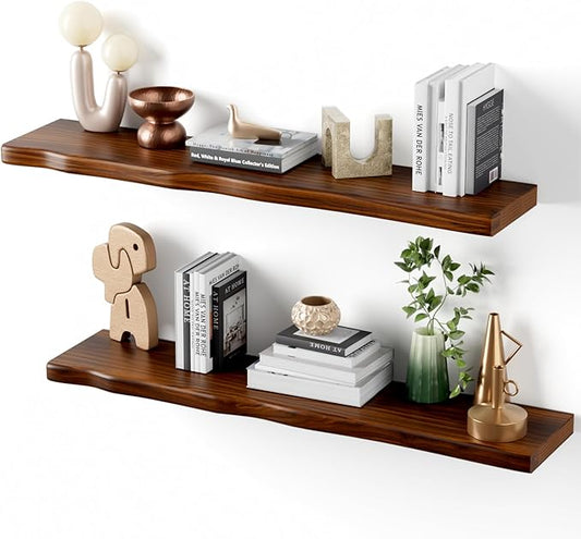 Floating Shelves for Wall Rustic Farmhouse 36 Inch Floating Shelf Bathroom Wooden Shelves for Wall Mounted Live Edge Pine Shelf with Unique Natural Grain for Living Room Bedroom Kitchen (Walnut)