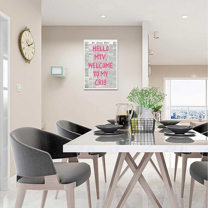 Drimiler Retro Hello Mtv Welcome To My Crib Posters Pink Font Newspaper Canvas Wall Art Positive Affirming 70'S Room Aesthetic Prints Painting For Home Bedroom Dorm Wall Decor 12x18in Unframed
