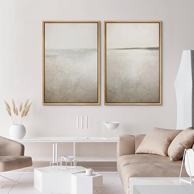 IDEA4WALL Framed Canvas Print Wall Art Set Abstract Sepia Ocean Wave Beach Landscape Nature Wilderness Illustrations Modern Art Decorative Coastal Cottage Seascape for Bedroom - 16"x24"x2 Natural