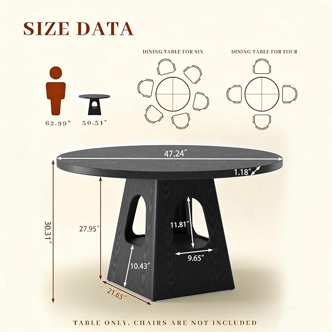 KEIKI 47" Round Dining Table for 4-6, Mid Century Modern Kitchen Table with Storage Base, Wooden Corner Dinner Desk for Living Room Breakfast Nook Restaurant, Easy Assembly, Black