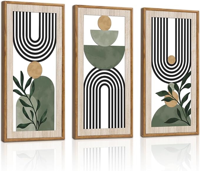 HPNIUB 3 PCS Boho Sage Green Wall Decor, Minimalist Mid Century Geometric Line Hanging Wood Sign for Living Room, 8x16Inch Modern Botanical Leaf Wooden Plaque for Apartment Bedroom Office Decoration