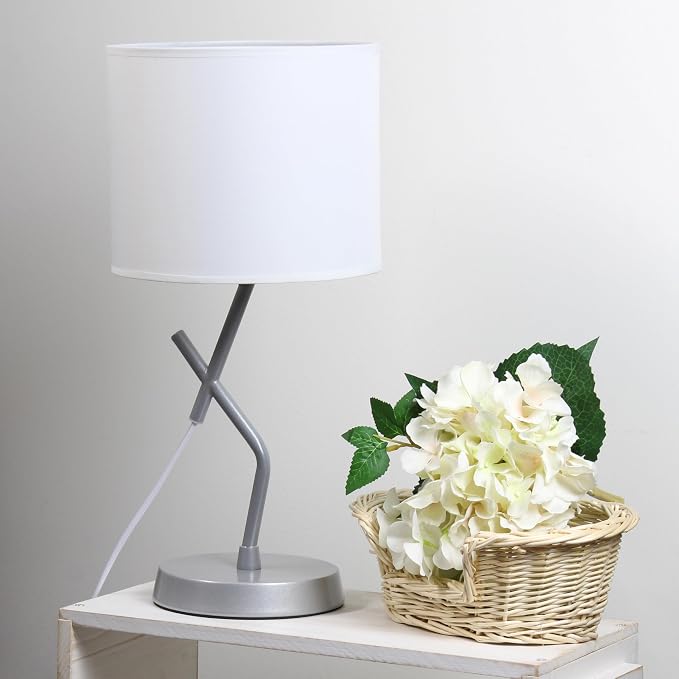 Simple Designs LT1172-SLV 17.13" Metal and Modern Abstract Table Lamp with Drum Fabric Shade, Bedroom, Office, Living Room, Dorm, Side Table, Silver