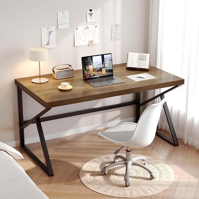 HSH Minimalist PC Desk, Industrial Home Office Desk, Sturdy Wood and Metal Desk, Rustic Vintage Oak 55 Inch Work Study Writing Desks Computer Table for Living Room Bedroom