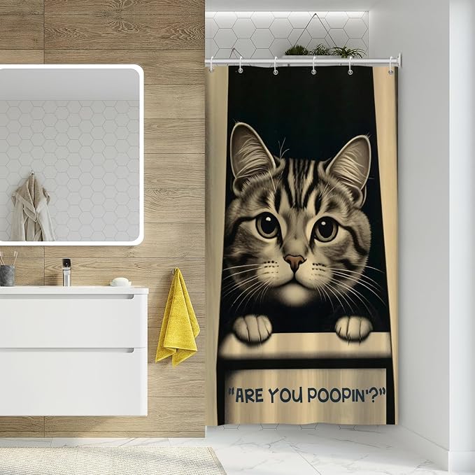 Cat Shower Curtains Cute are You Poopin' Funny Humorous Animal Whimsical Bathroom Curtain Curious Joke Cat Shower Curtain Sets for Bathroom Extra Long 36x72 in with 6 Hooks