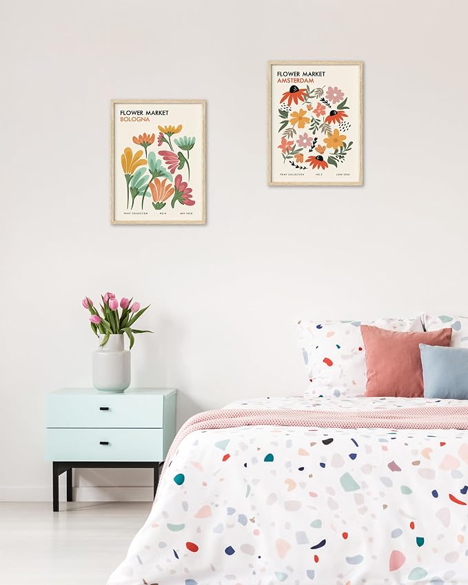 HesenDot Unframed Floral Wall Art Set of 3,12x16in Flower Market Canvas Prints, Minimalist Amsterdam Stockholm Bologna Posters for Living Room Bedroom Office Home, Unframed