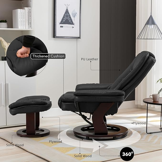 Argus Swivel Recliner with Ottoman, PU Leather & Wood Base Reclining Chair with Footrest, Ultra-Plush Double Foam for Living Room, Bedroom and Office, Set of 1