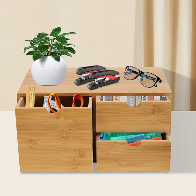 Bamboo Desk Organizer Small Retro Bamboo Tabletop Storage Box with Drawers& Recess Handles for Office Home Supplies Table Storage Collector 13 * 7.5 * 6in (3 Drawers/1 Left&2 Right)
