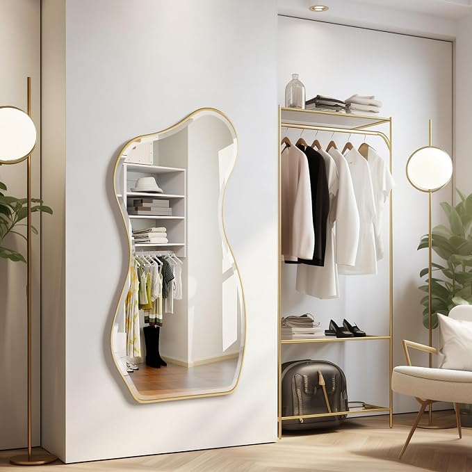 POZINO Irregular Beveled Mirror, 53"x25" Large Asymmetrical Aesthetic Wall Mirror with Gold Metal Frame, Organic Shape Floor Mirrors for Entryway Living Room Bedroom Hallway, Leaning/Wall-Mount