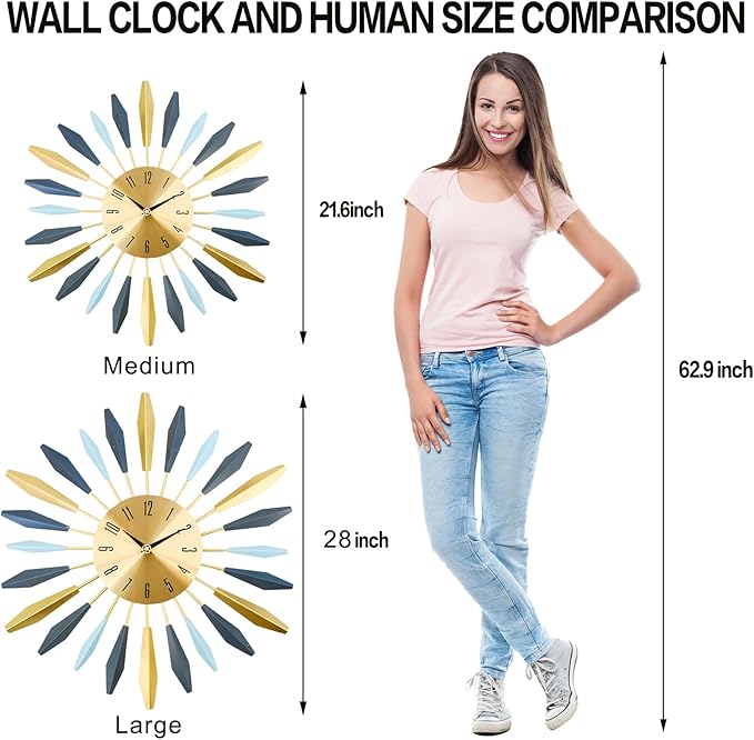 YISITEONE 28 Inch Large Wall Clock Metal Decorative, Mid Century Silent Non-Ticking Big Clocks, Modern Home Decorations for Living Room,Bedroom,Dining Room,Office