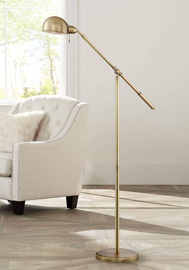 360 Lighting Dawson Traditional Farmhouse Task Pharmacy Light Floor Lamp Standing 55" Tall Antique Brass Metal Adjustable Balance Boom Arm Gold Shade Decor for Living Room Reading House Bedroom