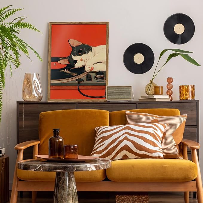 Cute Black and White Cat Wall Art Vintage Japanese Vinyl Record Wall Decor Painting, Retro Music Lover and Animal Poster Canvas Print Picture for Living Room Bedroom 16x24 inch Wood Framed