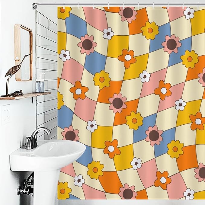 Hippie Floral Shower Curtain for Bathroom,Rustic Orange 70s Floral Flower Checkboard Groovy Cute Aesthetic Funky Trippy Vintage Waterproof Fabric Shower Curtain Set with Hooks, 72"x84"