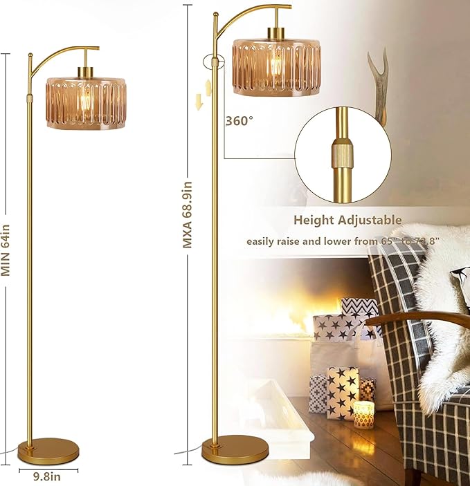 QIYIZM Floor Lamp for Living Room,Bedroom,Gold Dimmable Standing Lamp with Remote,Mid Century Modern Brass Tall Lamp Retro Vintage Glass Lamp Floor Light Boho Bohemian