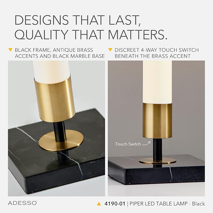 Adesso LED Table Lamp – Black with Antique Brass and Frosted Shade, 4-Way Brightness, 12W Integrated LED Accent Light for Living Room, Bedroom, and Home Office, 30” Tall