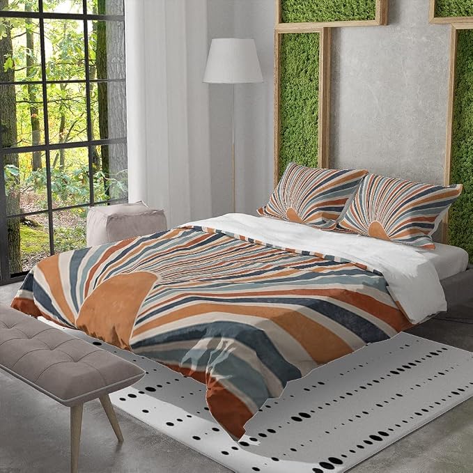 Boho Colorful Sunrise Duvet Cover Set King Size Boho Abstract Mid Century Orange Comforter Cover Minimalist Art Lightweight Soft Bedding Set 3 Pcs Breathable Bedding Set with 2 Pillowcase