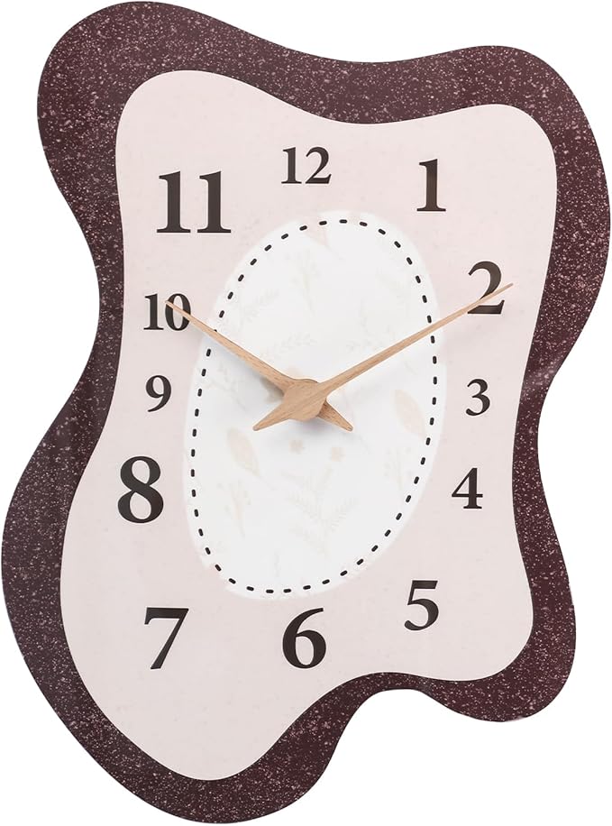 Mid Century Retro Irregular Shape Wall Clock, Silent Non-Ticking Battery Operated, 14 x 10 Inch Vintage Boho Brown Art Clock for Living Room, Bedroom, Entryway, Mantel Decor