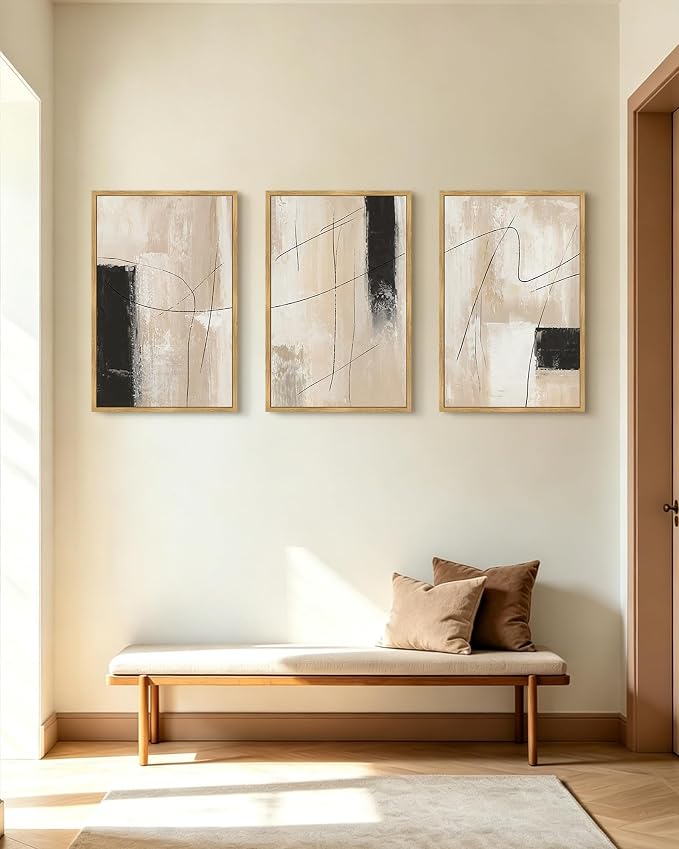 KUVIOKE Abstract Framed Wall Art Minimalist Beige Pastel Watercolor Neutral Wall Decor Modern Black Line Art Painting Home Decor 24x36in (Natural Framed)