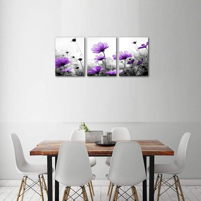 Flowers Wall Art Canvas Pictures Purple Wildflowers Black and White Background 3 Piece Canvas Art Blossom Contemporary Artwork for Home Decoration Office Kitchen Wall Decor 12"x 16" x 3 Panels