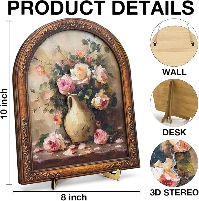 3D Vintage Rose Flower Desk Decor Sign, Country Floral in Vase Framed Wall Art Sign for Home Bedroom Living Room Desk Wall Shelf Farmhouse Aesthetic Decor 8x10 Inch