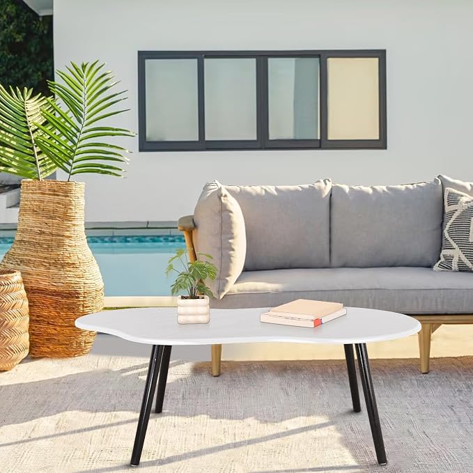 Small Coffee Table Cloud Shaped Irregular Center Table for Living Room Unique White Wood Grain Top Floor Table for Small Space Apartment
