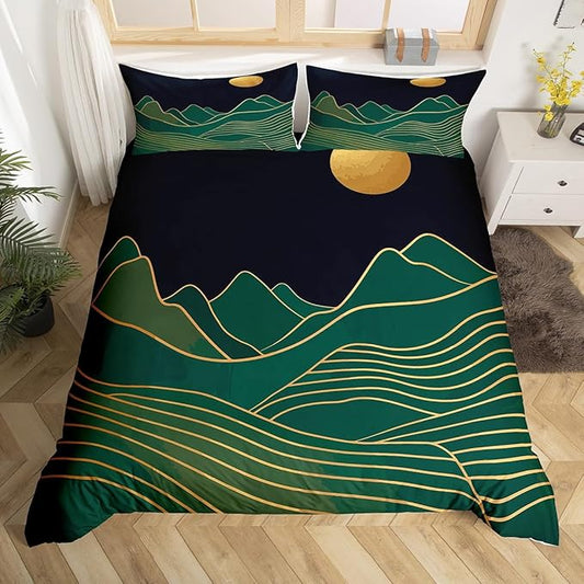 Erosebridal Minimalism Mountain Duvet Cover King Mid Century Modern Bedding Set Abstract Art Comforter Cover Boho Full Moon Bedding Geometric Striped Quilt Cover Golden Grunge Room Decor