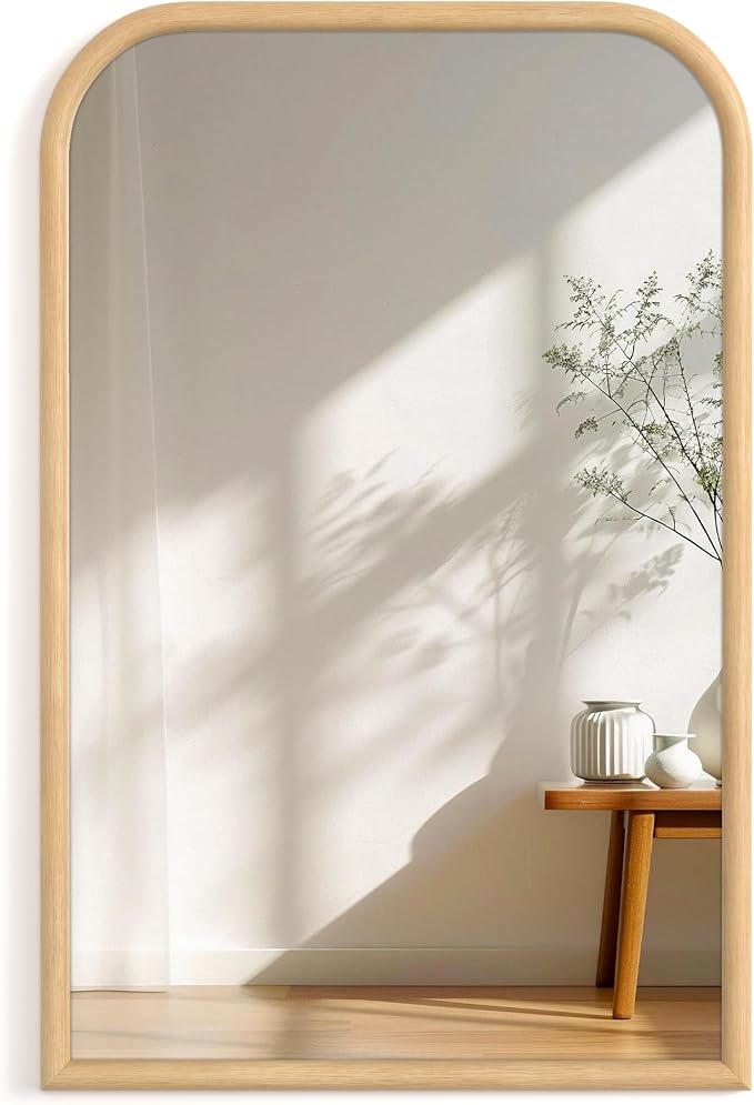 24"x36" Arch Wall Mirror for Wall, Wall Mounted Vanity Mirror for Bedroom, Wood Grain Finish Frame Mirror with Tempered Glass, Vintage Decorative for Bathroom, Entryway, Living Room, Natural