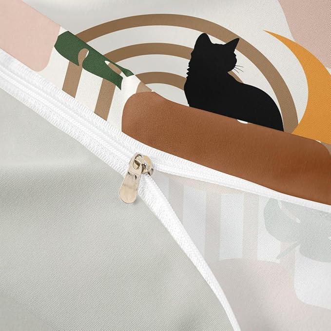 Erosebridal Funny Cat Bedding Set Full Boho Mid Century Duvet Cover Modern Abstract Minimalism Geometric Comforter Cover for Kids Girls Boys Adults Tropical Palm Leaves Bed Set