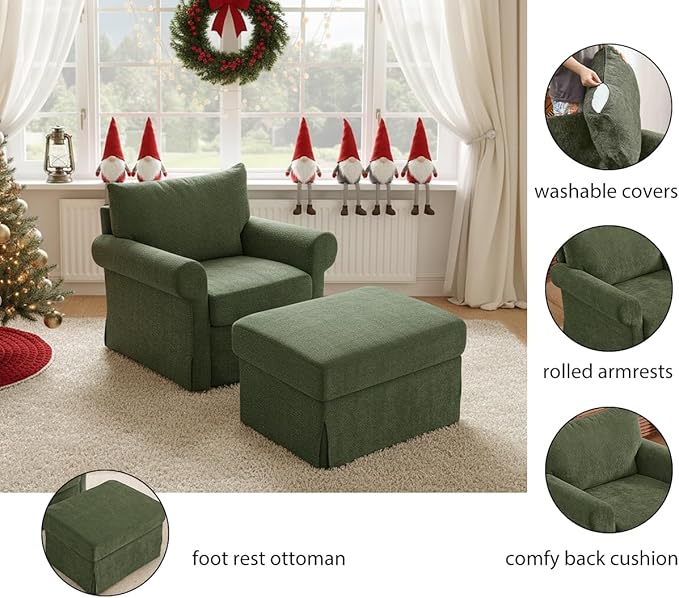 35.8" Chenille Accent Chair with Ottoman Set, Comfy Upholstered Armchair with Rolled Arms, Modern Single Reading Chair for Living Room, Bedroom, Apartment, Green