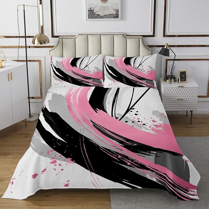 Erosebridal Black and Pink Quilt Set Twin - Geometric Decorative Abstract Coverlet Set Striped Bed Sets for Girls Boys Adults Watercolor Minimalists Graffiti Aesthetic Lines Quilts