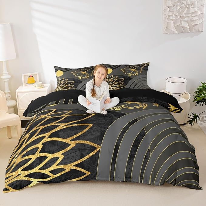 Erosebridal Gray Black Modern Duvet Cover King Size for Minimalist | Abstract Mid Century Comforter Cover Bohemian Leaf Floral Botanical Bedding Set Aesthetic Modern Geometric Bed Set