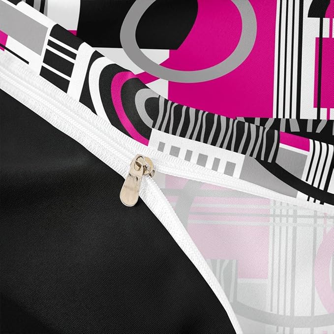Art Deco Mid Century Duvet Cover Set Retro Modern Abstract Geometric Queen Bedding Set for Preteen Boys Girls Black and White Hot Pink Circles Stripes Comforter Cover Contemporary Bed Sets