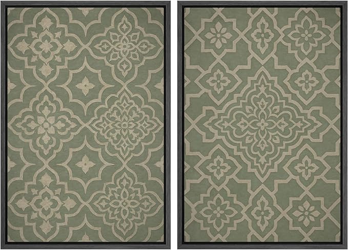 IDEA4WALL Framed Canvas Print Wall Art Set Moroccan Tile Pattern Green and Beige Geometric Illustrations Modern Art Decorative Bohemian Calm/Zen for Living Room, Bedroom, Office - 16"x24"x2 Black