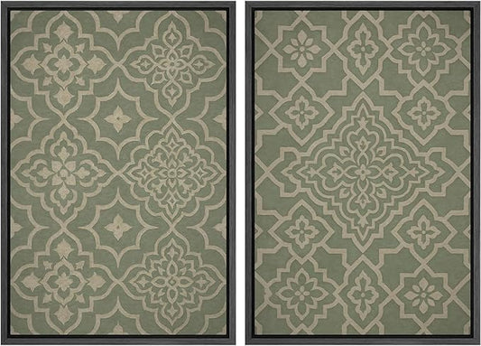 IDEA4WALL Framed Canvas Print Wall Art Set Moroccan Tile Pattern Green and Beige Geometric Illustrations Modern Art Decorative Bohemian Calm/Zen for Living Room, Bedroom, Office - 24"x36"x2 Black