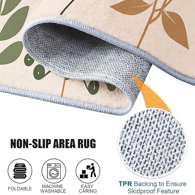 Area Rugs for Living Room, 3x5 Washable Rug Green Soft Low Pile Non-Slip Carpet Stain Resistant Carpets for Bedroom Dining Room Farmhouse Nursery, Retro Leaves Bohemian Plants