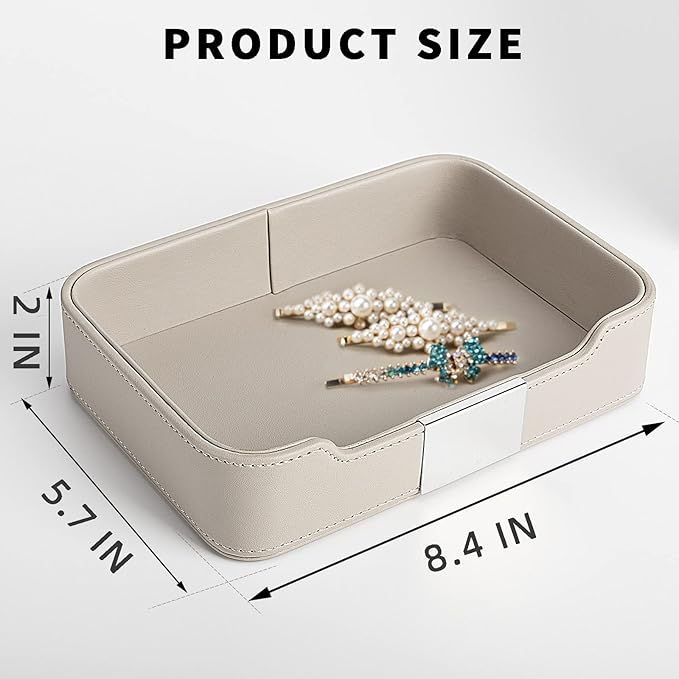 SANZIE Luxury Leather Tray Organizer Valet Tray Key Tray for Entryway Table Desktop Storage Catchall Tray Decorative Tray for Jewelry Keys Wallet Phone Watch (Metal Silvered, Grey)