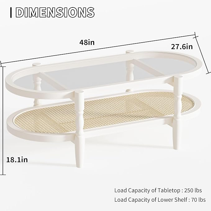 Rattan Coffee Table, Oval Cocktail Table with Glass Top and Solid Wood Frame, Boho Indoor & Outdoor Coffee Table, White, 48 in