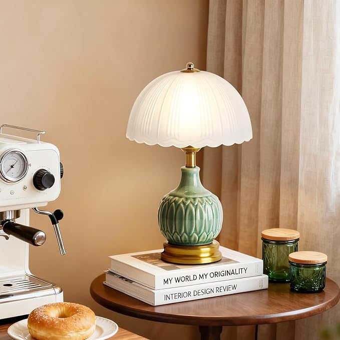 Ceramic Table lamp Set of 2, Modern Bedside Lamps Green Mid Century Vintage Desk Lamp Retro Glass Mushroom Traditional Lamp for Nightstand Living Room Bedroom Home Decor (S03GN-2PACK)