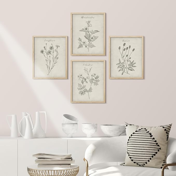 SIGNWIN Framed Vintage Wildflower Wall Art, Set of 4 Plant Collage Drawing Wall Decor Prints, Nature Wilderness Wall D¨¦cor for Living Room, Bedroom - 12"x16" Natural