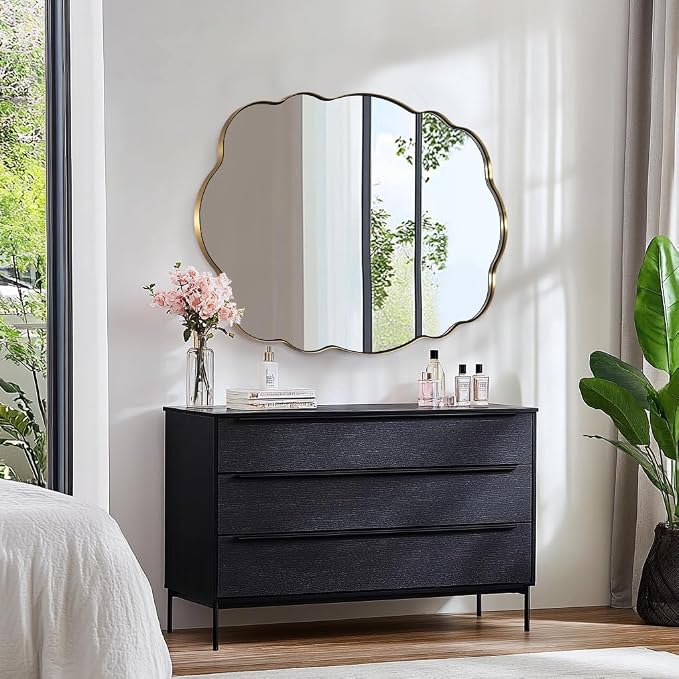 ANDY STAR Wavy Oval Bathroom Mirror, 30x40 Inch Brushed Gold Scalloped Wall Mirror, Anti-Rust Brass Metal Mirror for Bathroom Hang Vertical or Horizontal