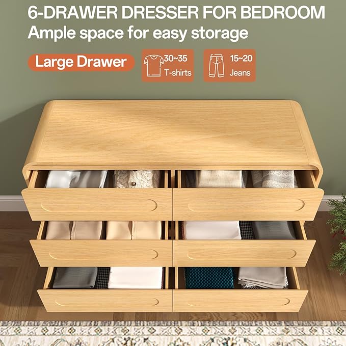Dresser with Mirror for Bedroom, Pre-Installed Slides, 6 Drawer Dressers & Chests of Drawers with 24"x37"LED Mirror, 3 Colors, 47" Wide Storage Dresser for Apartment or Hallway, Natural Oak