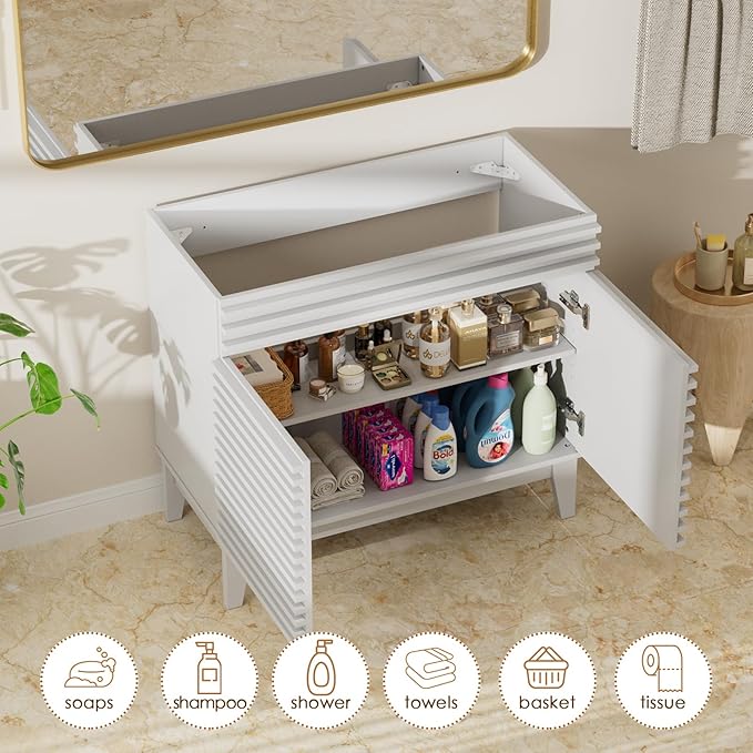 ROOMTEC 36" Bathroom Vanity, Mid-Century Freestanding Bathroom Vanity Cabinet with Storage, Particleboard Frame with Wood Grain Laminate, White(Sink Basin Not Included)
