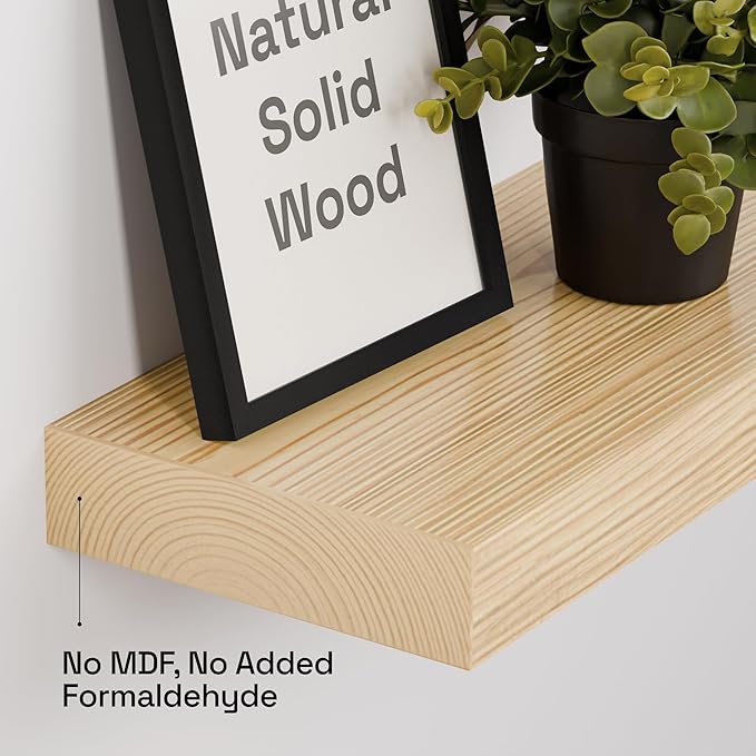 BAOBAB WORKSHOP Wood Floating Shelves for Bathroom Wall - Long Shelf 36 inch - Floating Wooden Shelves for Bedroom Kitchen Living Room - Natural Wood Shelves, 36 x 6.7 Inch, Set of 2