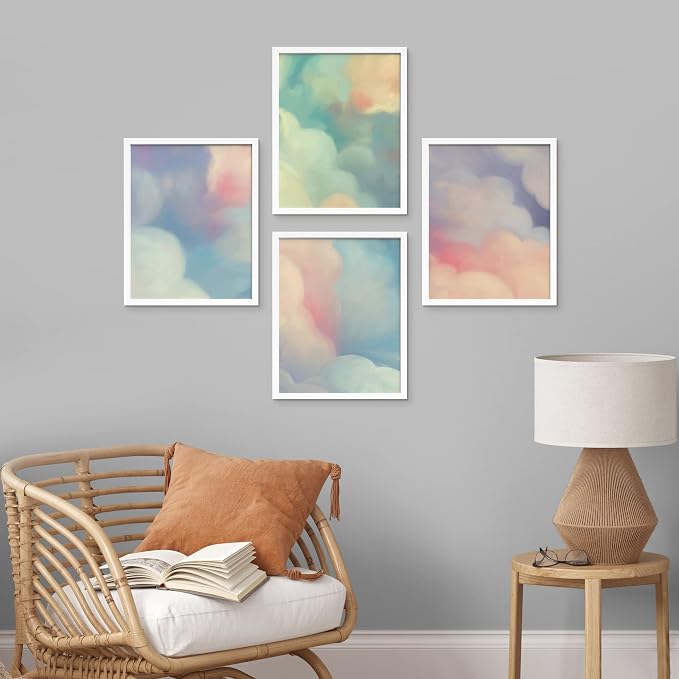 SIGNWIN Framed White Pastel Watercolor Rainbow Sky Clouds Wall Art, Set of 4 Abstract Geometric Wall Decor Prints, Nature Wilderness Wall Décor for Living Room, Bedroom - 11"x14" White