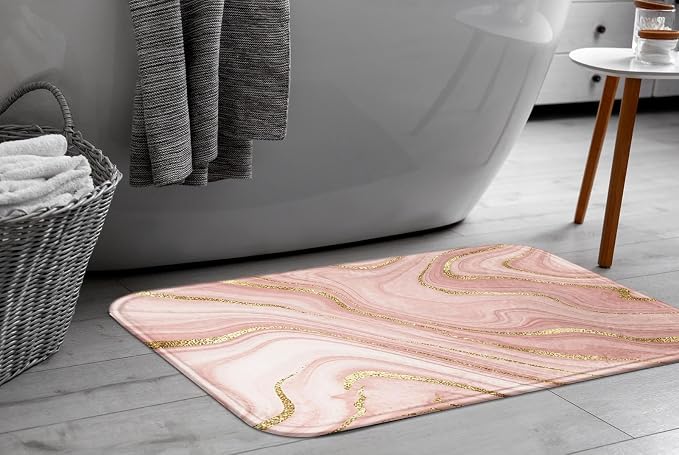 Britimes Marble Pink Bath Mat for Bathroom Washable Floor Rug Carpets Floor Mat Bathroom Decorations 16x24 inches for Kitchen Indoor