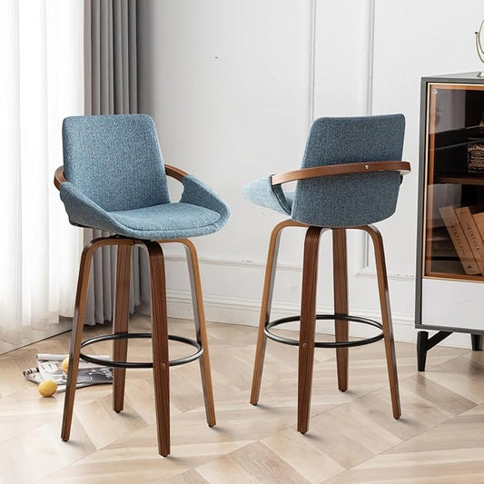 LUNLING 29.5" Bar Height Bar Stools Set of 2,Mid Century Modern Retro Bar Chairs Charcoal Blue Linen Look Fabric Upholstered and Walnut Wood Frame Barstools for Home Bar Furniture(Blue)
