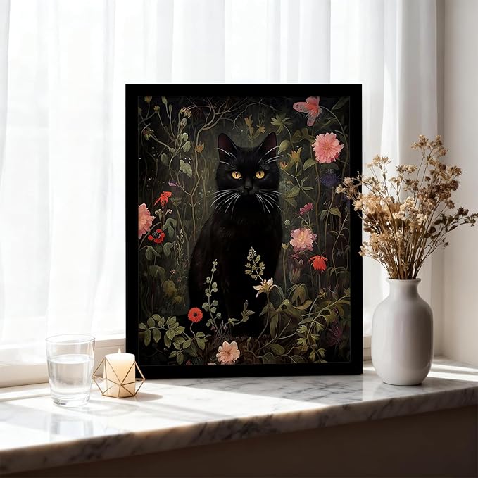 Black Cat Wall Art with Wooden Frame, Vintage Floral Cat Painting, Gothic Dark Academia Framed Picture, Antique Moody Cottagecore Wall Decor Print 8x10 Inch